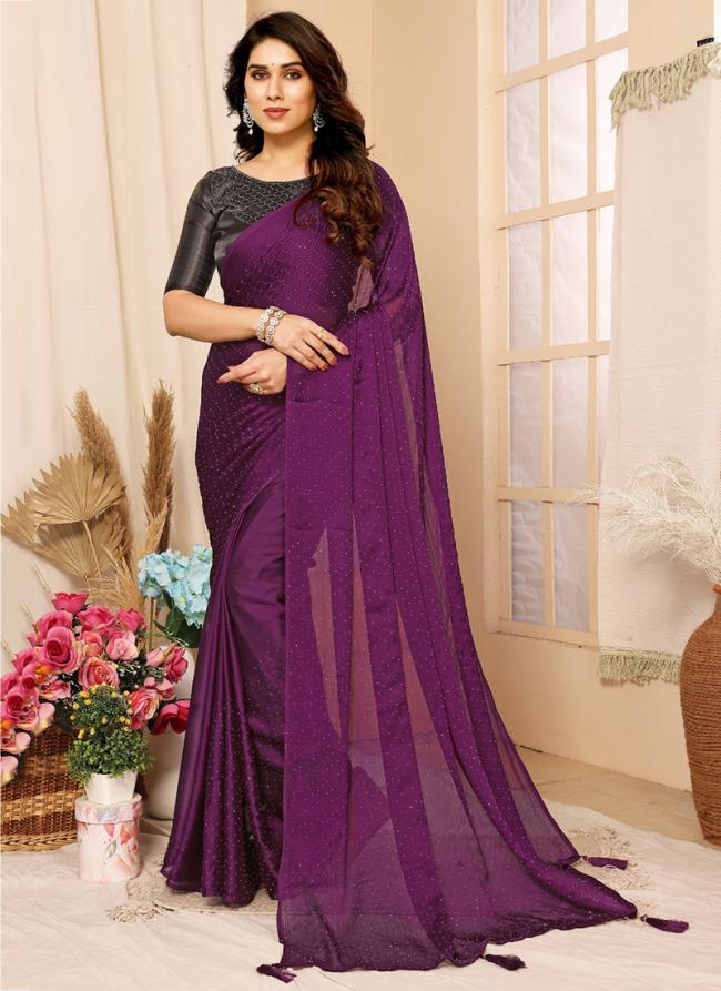 Chiffon Wine Party Wear Stone Work Saree